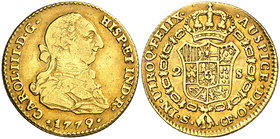 1779. Carlos III. Sevilla. CF. 2 escudos. (Cal. 580). 6,74 g. MBC-/MBC.