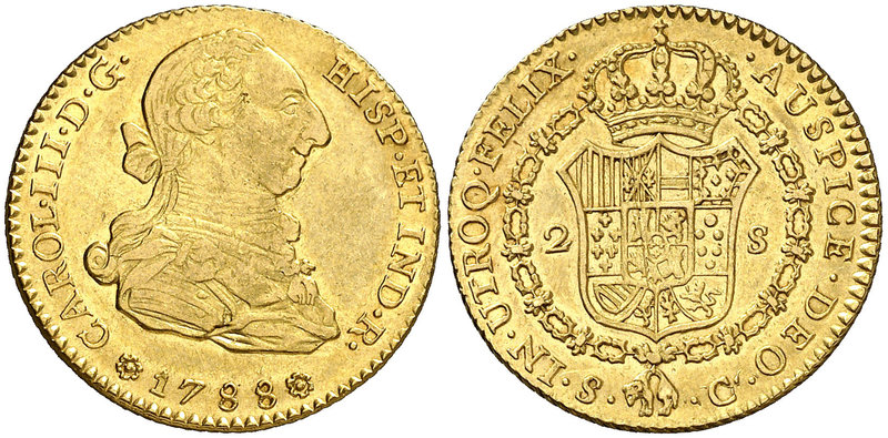 1788. Carlos III. Sevilla. C/CM. 2 escudos. (Cal. 583 var). 6,73 g. Parte de bri...