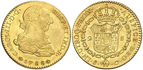 1788. Carlos III. Sevilla. C/CM. 2 escudos. (Cal. 583 var). 6,73 g. Parte de brillo original. Atractiva. Ex Áureo & Calicó 16/03/2017, nº 1316. Escasa...