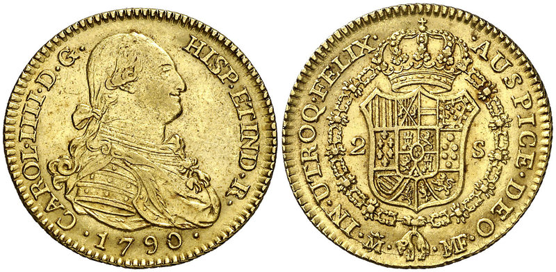 1790. Carlos IV. Madrid. MF/FA. 2 escudos. (Cal. 324 var). 6,69 g. Bella. Ex Áur...