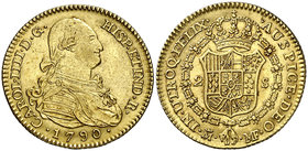 1790. Carlos IV. Madrid. MF/FA. 2 escudos. (Cal. 324 var). 6,69 g. Bella. Ex Áureo & Calicó 25/04/2013, nº 1558. Escasa así. EBC-/EBC.