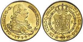 1790. Carlos IV. Madrid. MF. 2 escudos. (Cal. 324). 6,77 g. Bellísima. Pleno brillo original. Ex Áureo & Calicó 26/04/2012, nº 762. Muy rara así. S/C....