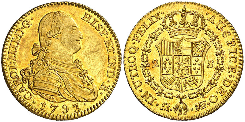 1793. Carlos IV. Madrid. MF. 2 escudos. (Cal. 326). 6,85 g. Leves rayitas. Bella...