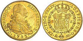 1793. Carlos IV. Madrid. MF. 2 escudos. (Cal. 326). 6,85 g. Leves rayitas. Bella. Brillo original. Ex Áureo 17/04/2002, nº 940. Escasa así. EBC+/S/C-....