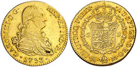 1793. Carlos IV. Madrid. M. 2 escudos. (Cal. 327). 6,61 g. Bonito color. Ex Colección de 2 reales y 2 escudos, Áureo 09/04/2003, nº 790. Muy rara, sól...