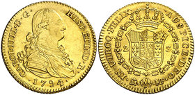 1794/3. Carlos IV. Madrid. MF. 2 escudos. (Cal. 328 var). 6,66 g. Bella. Brillo original. Escasa así. EBC/EBC+.