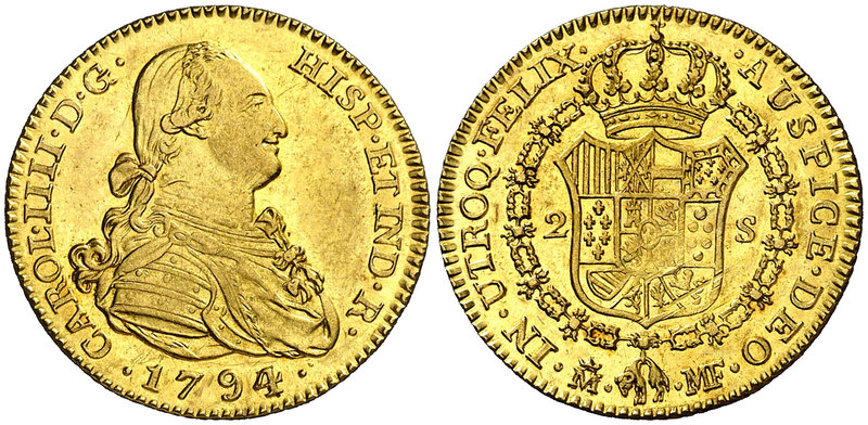 1794. Carlos IV. Madrid. MF. 2 escudos. (Cal. 328). 6,75 g. Rayitas de acuñación...