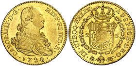 1794. Carlos IV. Madrid. MF. 2 escudos. (Cal. 328). 6,75 g. Rayitas de acuñación en reverso. Muy bella. Pleno brillo original. Rara así. S/C-.