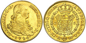 1794. Carlos IV. Madrid. MF. 2 escudos. (Cal. 328). 6,72 g. El 4 de la fecha rectificado sobre otro. Bella. Brillo original. Ex Áureo 19/12/2001, nº 1...