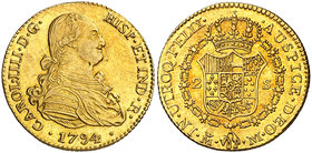 1794. Carlos IV. Madrid. M. 2 escudos. (Cal. 329). 6,72 g. Precioso color. Bella. Brillo original. Ex Colección de 2 reales y 2 escudos, Áureo 09/04/2...