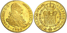 1795. Carlos IV. Madrid. MF. 2 escudos. (Cal. 330). 6,76 g. Bella. Brillo original. Ex Colección de 2 reales y 2 escudos, Áureo 09/04/2003, nº 793. Ra...