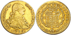 1795. Carlos IV. Madrid. M. 2 escudos. (Cal. 331). 6,68 g. Bonito color. Ex Colección de 2 reales y 2 escudos, Áureo 09/04/2003, nº 794. Rarísima. MBC...
