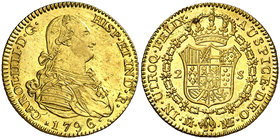 1796. Carlos IV. Madrid. MF. 2 escudos. (Cal. 333). 6,78 g. Mínima hojita. Bella. Brillo original. Escasa así. EBC+.