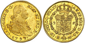 1797. Carlos IV. Madrid. MF. 2 escudos. (Cal. 334). 6,75 g. Bella. Brillo original. Precioso color. Ex Áureo 19/12/2001, nº 1285. Escasa así. EBC/EBC+...