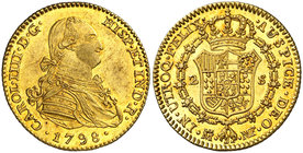1798. Carlos IV. Madrid. MF. 2 escudos. (Cal. 335). 6,79 g. Muy bella. Brillo original. Ex Áureo 19/12/2001, nº 1286. Rara así. S/C-.