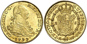 1799. Carlos IV. Madrid. MF. 2 escudos. (Cal. 336). 6,78 g. Muy bella. Brillo original. Ex Áureo & Calicó 26/04/2012, nº 766. Rara así. S/C-.