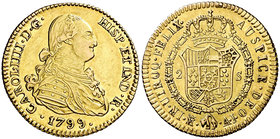 1799. Carlos IV. Madrid. AJ. 2 escudos. (Cal. 337). 6,69 g. Bella. Parte de brillo original. Ex Colección de 2 reales y 2 escudos, Áureo 09/04/2003, n...