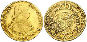 1800/780. Carlos IV. Madrid. MF. 2 escudos. (Cal. 338 var). 6,68 g. Golpe en canto. MBC-.