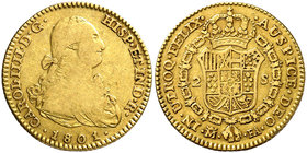 1801/791. Carlos IV. Madrid. FA. 2 escudos. (Cal. 342 var). 6,56 g. Ex Áureo & Calicó 16/12/2015, nº 1473. BC+/MBC-.