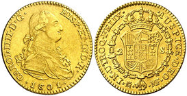 1801/79(...). Carlos IV. Madrid. MF/FA. 2 escudos. (Cal. 341 var). 6,75 g. Rayitas. MBC/MBC+.