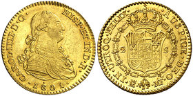 1801/79(...). Carlos IV. Madrid. MF. 2 escudos. (Cal. 341 var). 6,66 g. Bellísima. Pleno brillo original. Ex Colección de 2 reales y 2 escudos, Áureo ...