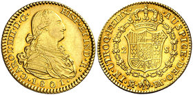 1801. Carlos IV. Madrid. FA/MF. 2 escudos. (Cal. 343). 6,72 g. Levísimas rayitas. Precioso color. Ex Áureo 19/12/2001, nº 1291. EBC-/EBC.