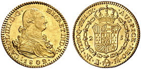 1802/1. Carlos IV. Madrid. FA. 2 escudos. (Cal. 344 var). 6,74 g. Rectificación de fecha muy clara. Bellísima. Ex Áureo Selección 2007, nº 304. Rara a...