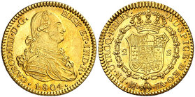 1804. Carlos IV. Madrid. FA. 2 escudos. (Cal. 347). 6,76 g. Levísimas rayitas, pero muy bella. Brillo original. Ex Áureo 05/03/2003, nº 1314. Rara así...