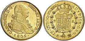 1805. Carlos IV. Madrid. FA/MF. 2 escudos. (Cal. 348 var). 6,77 g. Leves rayitas. Bella. Brillo original. Ex Áureo & Calicó 25/04/2013, nº 1564. Rara ...