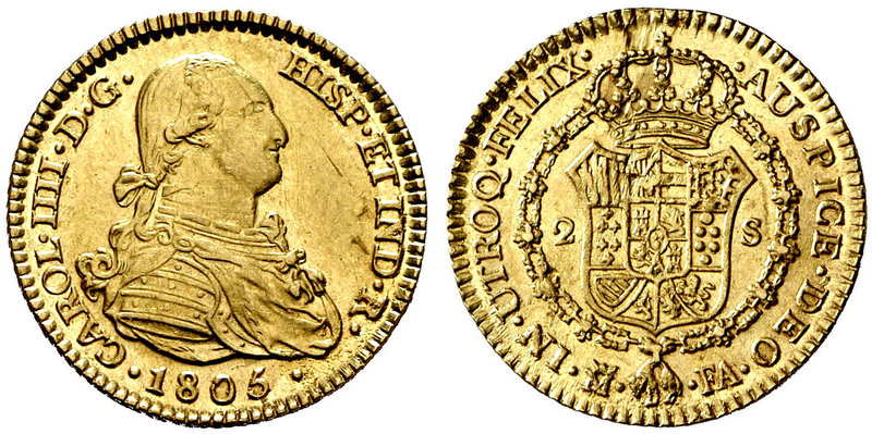 1805. Carlos IV. Madrid. FA. 2 escudos. (Cal. 348). 6,62 g. Leves hojitas. Parte...