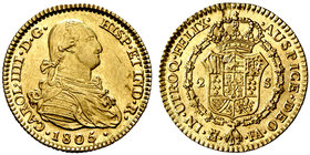 1805. Carlos IV. Madrid. FA. 2 escudos. (Cal. 348). 6,62 g. Leves hojitas. Parte de brillo original. Ex Áureo 31/05/2006, nº 704. (EBC).