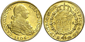 1806. Carlos IV. Madrid. FA/MF. 2 escudos. (Cal. 349 var). 6,77 g. Bella. Parte de brillo original. Ex Colección Isabel de Trastámara 29/10/2015, nº 4...