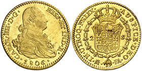 1806. Carlos IV. Madrid. FA. 2 escudos. (Cal. 349). 6,74 g. Insignificantes hojitas. Bella. Brillo original. Escasa así. EBC+.