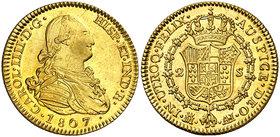 1807. Carlos IV. Madrid. AI. 2 escudos. (Cal. 351). 6,72 g. Rayitas, pero muy bella. Brillo original. Ex Colección de 2 reales y 2 escudos, Áureo 09/0...