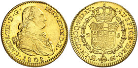 1808. Carlos IV. Madrid. AI. 2 escudos. (Cal. 353). 6,78 g. Bella. Brillo original. Ex Áureo 27/02/2002, nº 770. Rara así. EBC+/S/C-.