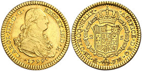 1799. Carlos IV. México. FM. 2 escudos. (Cal. 364). 6,71 g. Rayita. Acuñación algo floja en anverso. Precioso color. Muy rara, sólo hemos tenido 2 eje...