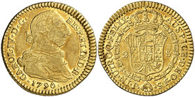 1790. Carlos IV. Popayán. SF. 2 escudos. (Cal. 376) (Restrepo 88-5). 6,73 g. Busto de Carlos III. Ordinal IV. Precioso color. Brillo original. Ex Áure...