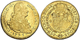1793. Carlos IV. Popayán. JF/SF. 2 escudos. (Cal. 379) (Restrepo 90-3). 6,74 g. Acuñación algo empastada. Parte de brillo original. Ex Áureo & Calicó ...