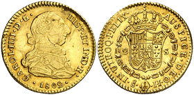1802. Carlos IV. Santiago. JJ. 2 escudos. (Cal. 436) (Kr. 53, indica la acuñación de 374 ejemplares). 6,74 g. Mínimas hojitas. Bella. Parte de brillo ...