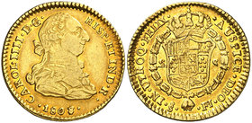 1808/7. Carlos IV. Santiago. FJ. 2 escudos. (Cal. 442 var) (Kr. 53, indica la acuñación de 1020 ejemplares). 6,73 g. Mínimas hojitas. Precioso color. ...
