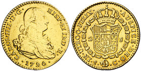 1790. Carlos IV. Sevilla. C. 2 escudos. (Cal. 443). 6,67 g. Sirvió como joya. Muy rara, sólo hemos tenido este ejemplar. (MBC-).