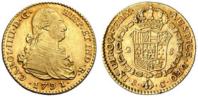 1791. Carlos IV. Sevilla. C. 2 escudos. (Cal. 444). 6,68 g. Bonito color. Ex Áureo 31/05/2006, nº 726. MBC/MBC+.