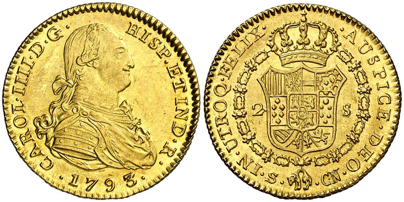 1793. Carlos IV. Sevilla. CN. 2 escudos. (Cal. 445). 6,77 g. Bella. Brillo origi...