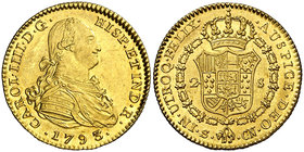 1793. Carlos IV. Sevilla. CN. 2 escudos. (Cal. 445). 6,77 g. Bella. Brillo original. Escasa así. EBC+.
