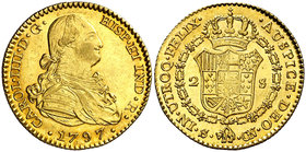 1797. Carlos IV. Sevilla. CN. 2 escudos. (Cal. 449). 6,77 g. Bellísima. Brillo original. Ex Colección de 2 reales y 2 escudos, Áureo 09/04/2003, nº 84...