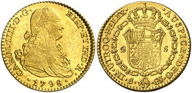 1798. Carlos IV. Sevilla. CN. 2 escudos. (Cal. 450). 6,78 g. Rayita de acuñación. Golpecito en canto. Parte de brillo original. EBC-.