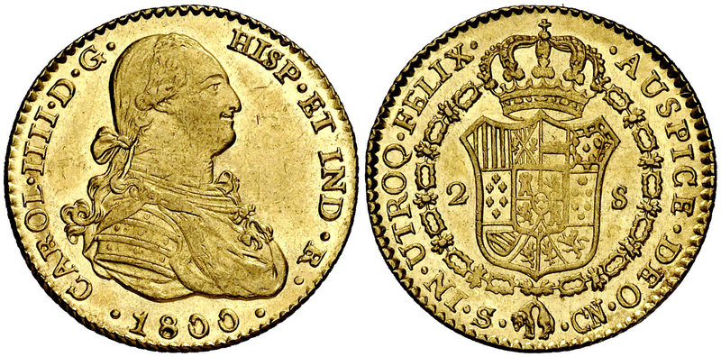 1800. Carlos IV. Sevilla. CN. 2 escudos. (Cal. 452). 6,75 g. Bella. Brillo origi...