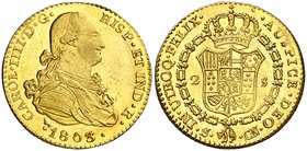 1803. Carlos IV. Sevilla. CN. 2 escudos. (Cal. 455). 6,78 g. Rayitas. Bella. Brillo original. Ex Colección de 2 reales y 2 escudos, Áureo 09/04/2003, ...