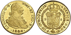 1804. Carlos IV. Sevilla. CN. 2 escudos. (Cal. 456). 6,76 g. Muy bella. Brillo original. Ex Áureo & Calicó 26/04/2012, nº 782. Rara así. EBC+.