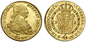 1807. Carlos IV. Sevilla. CN. 2 escudos. (Cal. 459). 6,74 g. Bella. Brillo original. Ex Áureo 31/05/2006, nº 740. Escasa y más. EBC+.